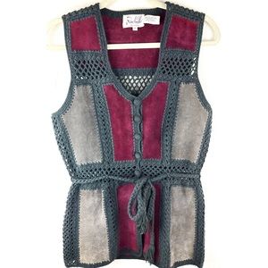 Vintage Rochelle California Patchwork Vest Tassel Crochet Size L 1970s leather